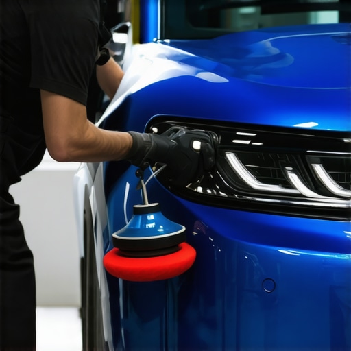 Detailer polishing metallic blue car with dual-action polisher in garage.