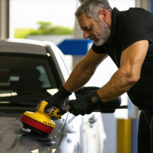 Detailer using cordless polisher on car's hood