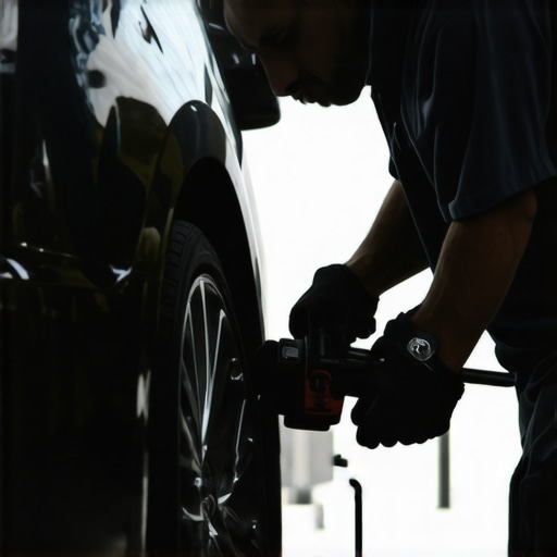 A detailer carefully polishing a car's freshly corrected paint surface with a dual-action polisher in a bright garage.