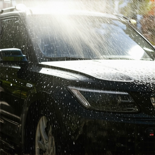 Close-up of foam cannon applying thick foam on a shiny car during high-pressure detailing.