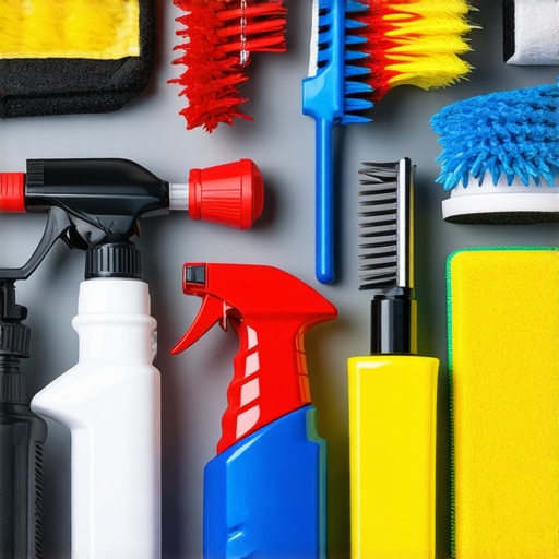 Close-up of detailing brushes, soaps, and microfiber towels for car cleaning