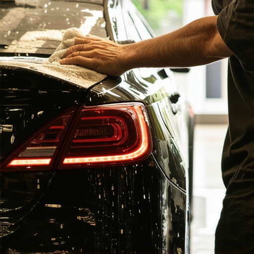 Technician washing a luxury car with high-quality tools and microfiber towels