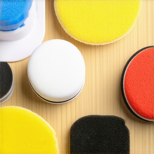 Close-up of a dual-action car polisher surrounded by microfiber pads and detailing tools.