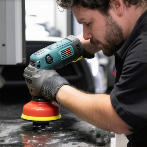 A technician professionally using a dual-action polisher on a car in a detailing shop.