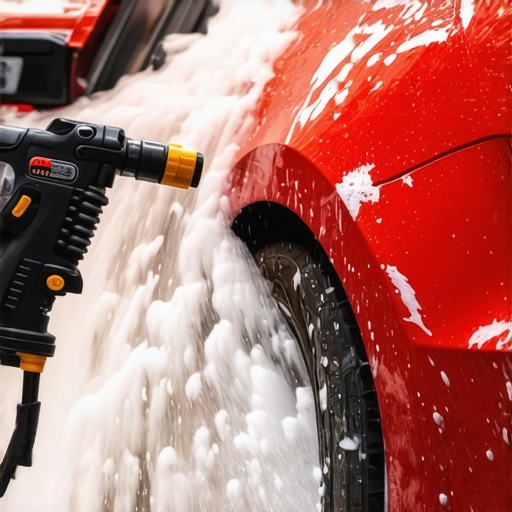A car being cleaned with foam using a professional-grade foam gun to ensure thorough coverage.