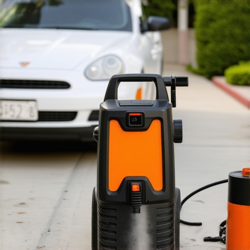 A detailed image of portable steam cleaner, power station, and lighting setup for car detailing in West Los Angeles.