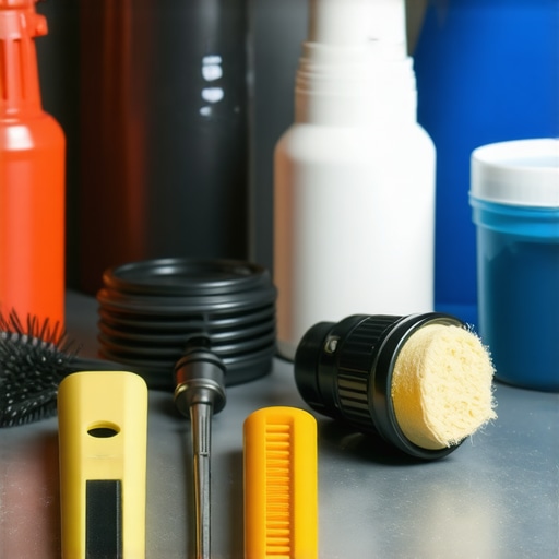 Professional detailing workspace with tools and supplies Detailed view of car detailing products and equipment used by experts