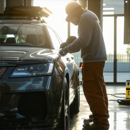 A professional DIY car detailing setup showcasing portable work lights, buffers, and cleaning supplies illuminating a car.