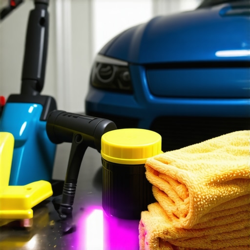 Collection of car detailing equipment including polisher, microfiber towels, LED light, and vacuum for maintenance.