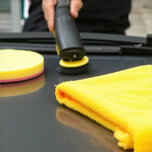 A dual-action polisher being used on a car's surface with microfiber towels and pads