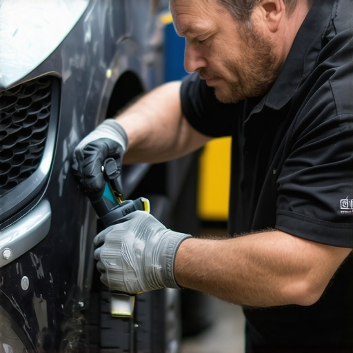 Detailer cleaning and lubricating a dual-action polisher for optimal performance.