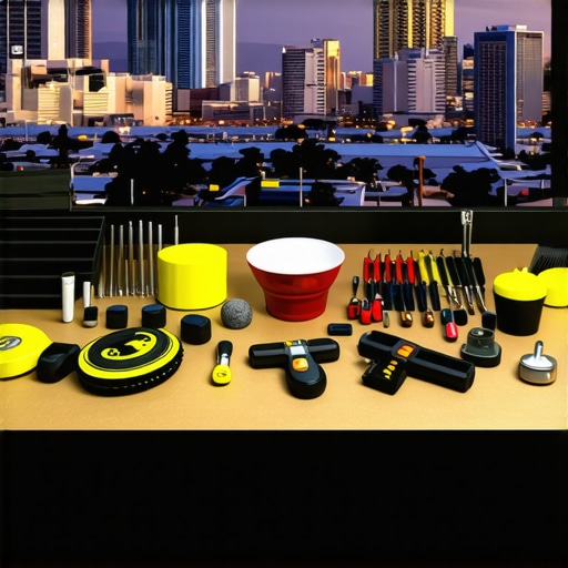 Professional car detailing tools including polishers, pads, and cleaning sprays arranged neatly on a workbench.