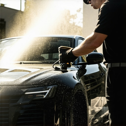 Detailer rinsing a car with advanced 2026 pressure washing tools outdoors.