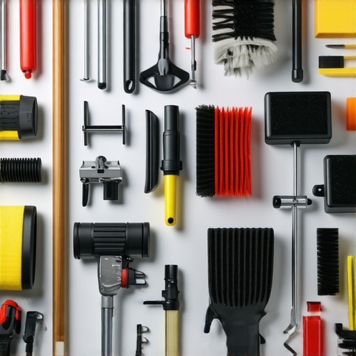 A detailed shot of high-quality auto detailing tools including pressure washer, steamer, and brushes arranged in a garage setting.