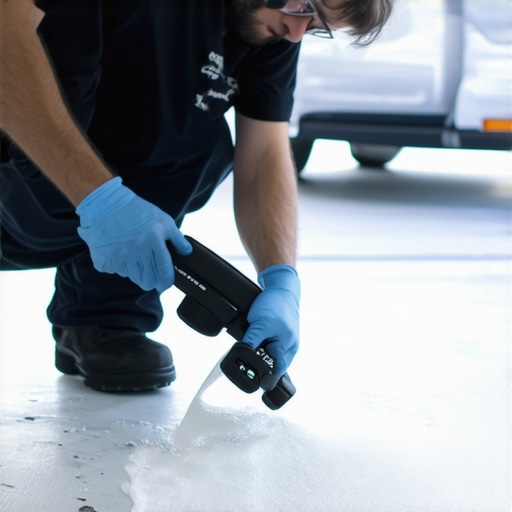 Close-up of applying ceramic coating on car paint using foam applicator in a tidy garage