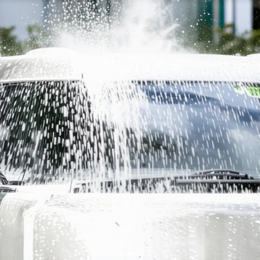 Detailer using water softening tools to wash a shiny black car with minimal water spots.